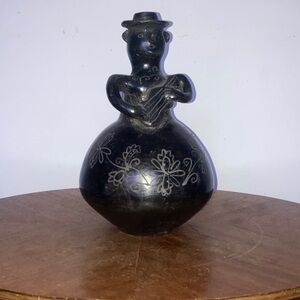 Black Ceramic Figurine with Floral Design South America excellent